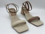 Durable Beige Closed Toe Sandals , Real Wood Heeled Square Toe Ankle Strap