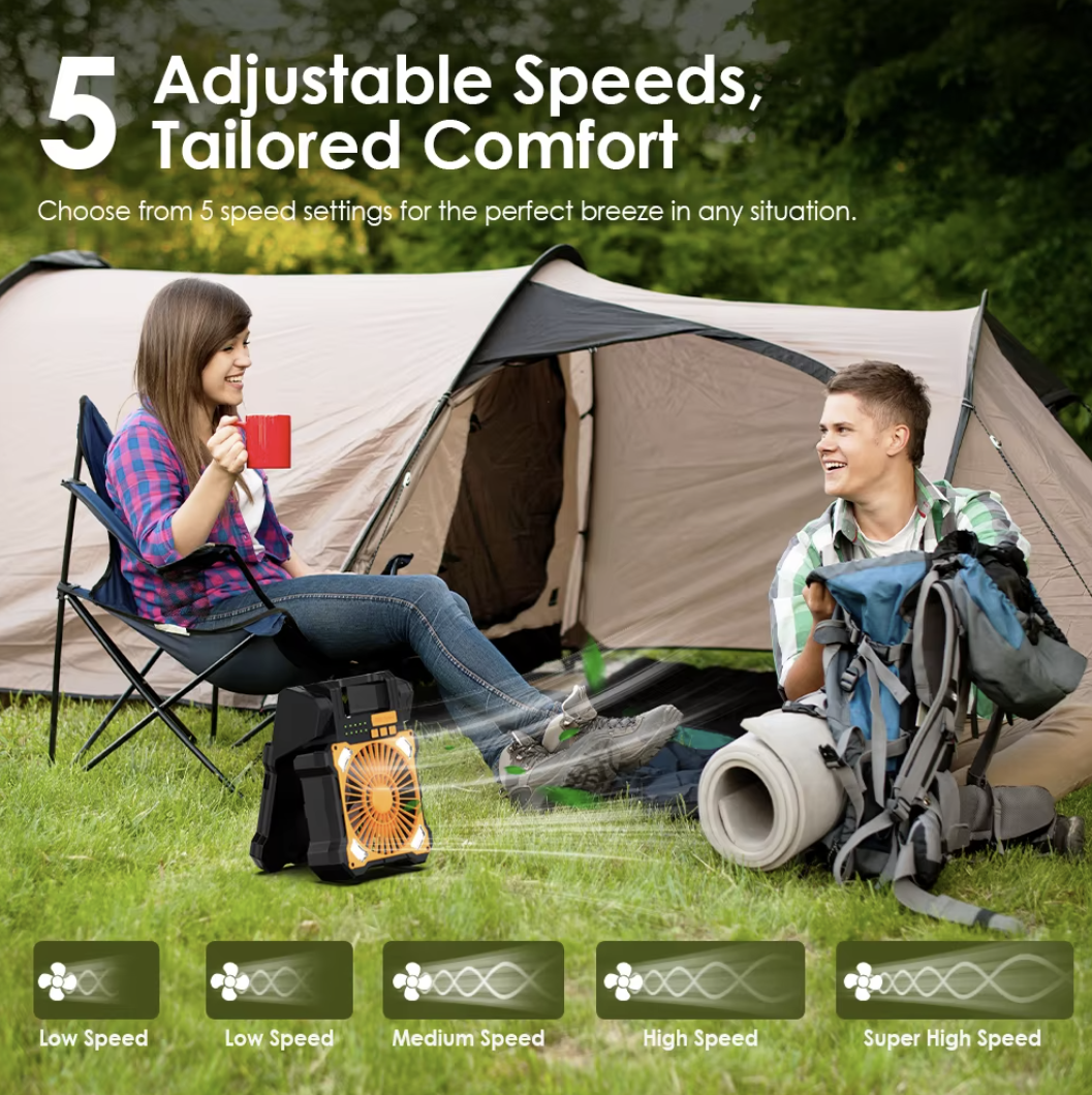 Solar Camping Fan with Dual Solar Panels Dimmable LED Light and Timer Function for Outdoor Use