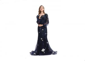 China Dark Blue Lace Long Sleeve Ball Gowns , Sweep Train Elegant Long Sleeve Dresses on sale