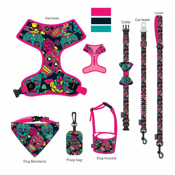 7 Pieces Small Soft Dog Harness M Size Collar Leash Set Ribbon Decoration