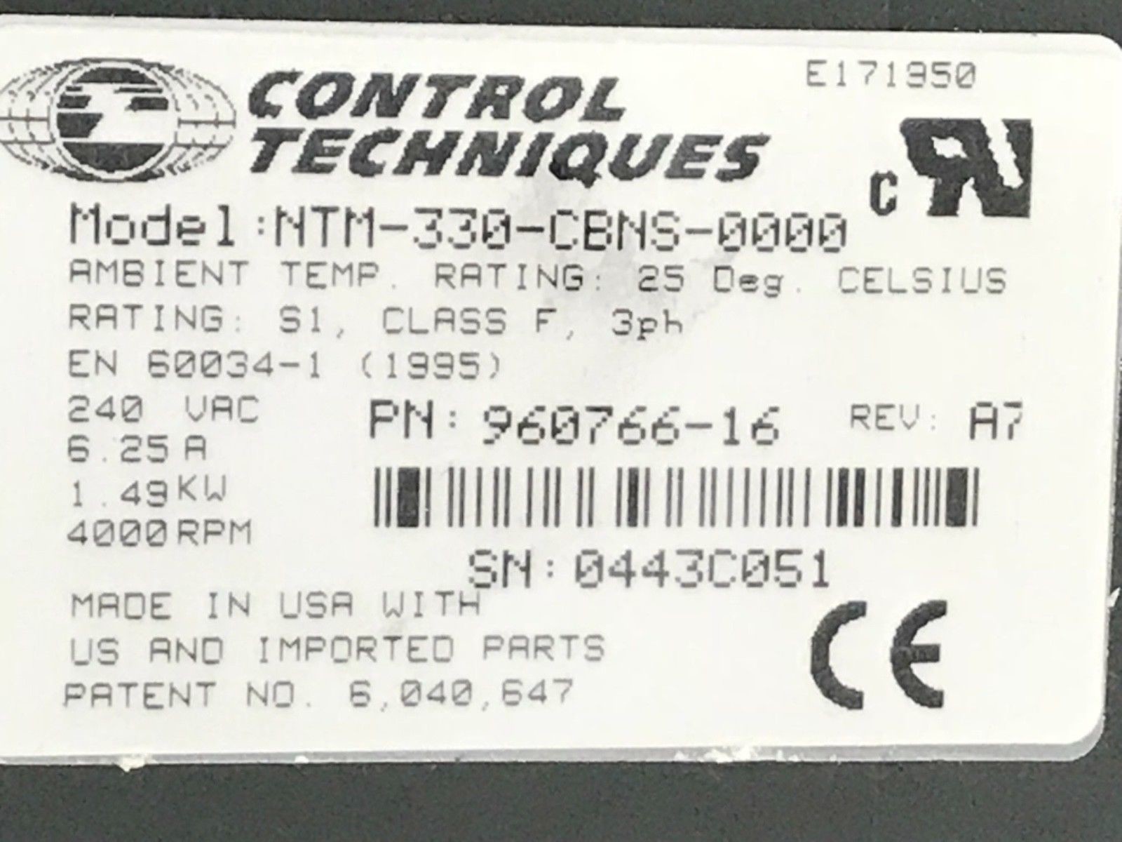 NTM-330-CBNS-0000 SERVO MOTOR NT 3 INCH SERVO MOTOR 230 VAC 1.49 KW 4000 RPM