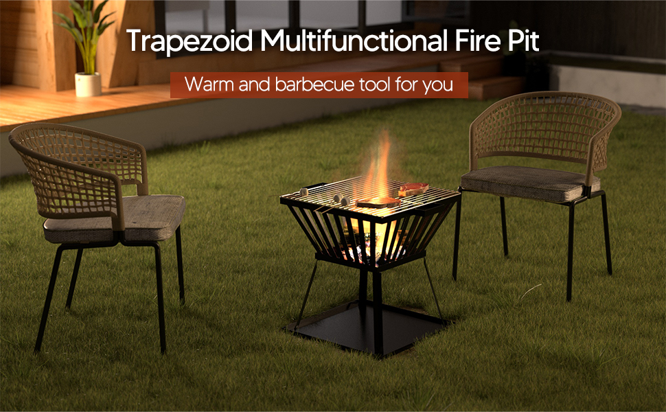 Outdoor Heating Trapezoid Metal Wood Burning Firepit Stove with BBQ and Picnic Finish
