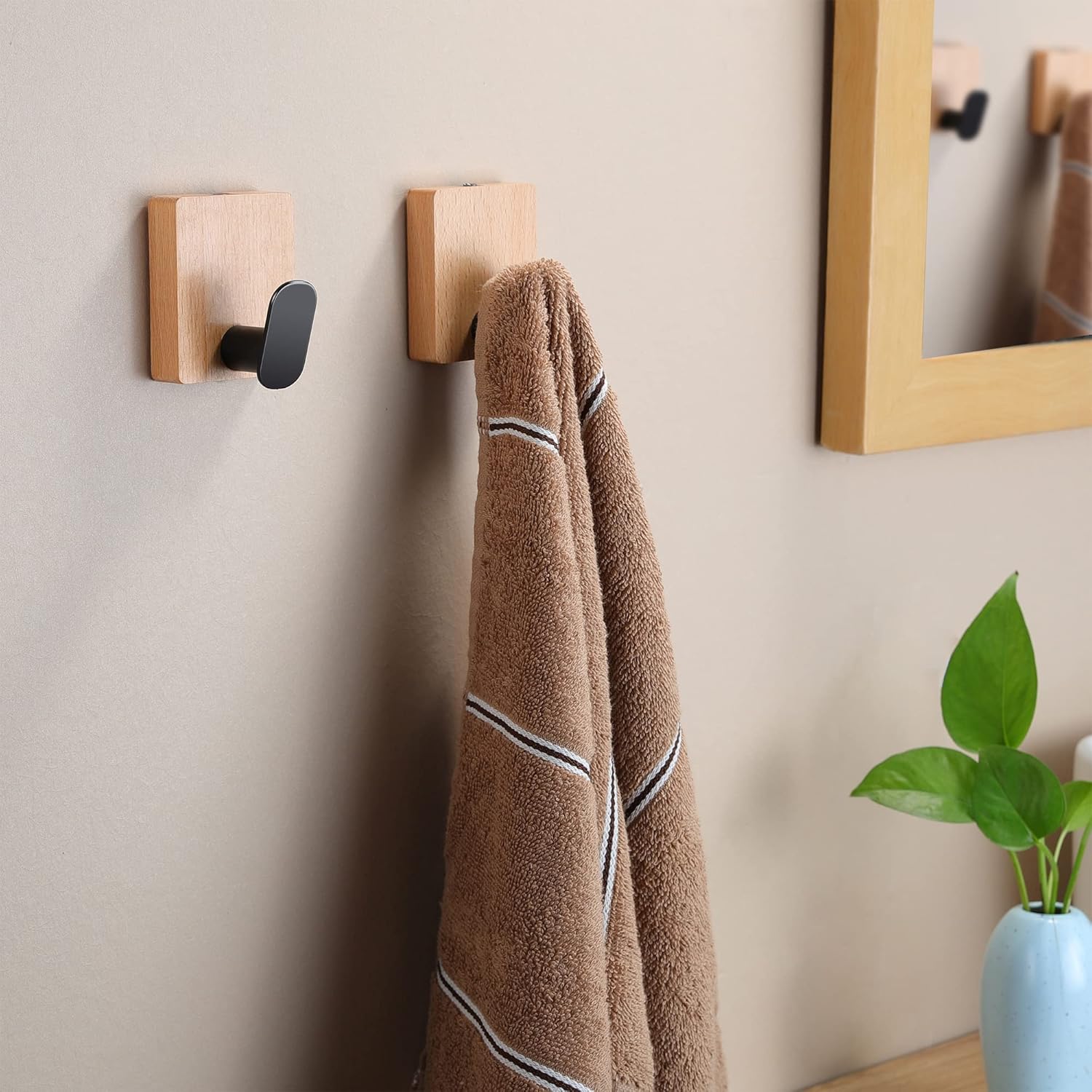 Towel Hooks Wall Mounted - Adhesive Bathroom Coat Hooks for Hanging Robes Clothes, Solid Wood Beech Wall Hook