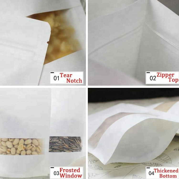 Stand up Matte Frosted White recycled Kraft Paper k Bags With Window for food packing