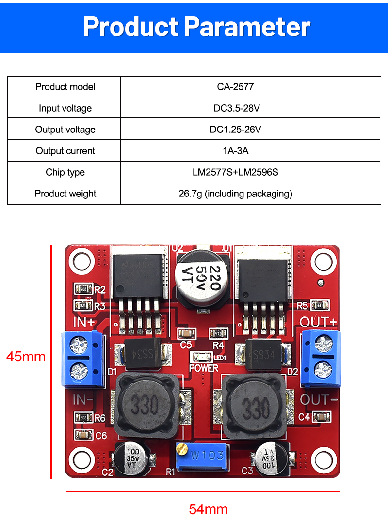 CA-2577 LM2596S 3A Step Down/Up DC-DC Automatic Voltage Regulation Module Board Mount Solar Panel Compatible Converter