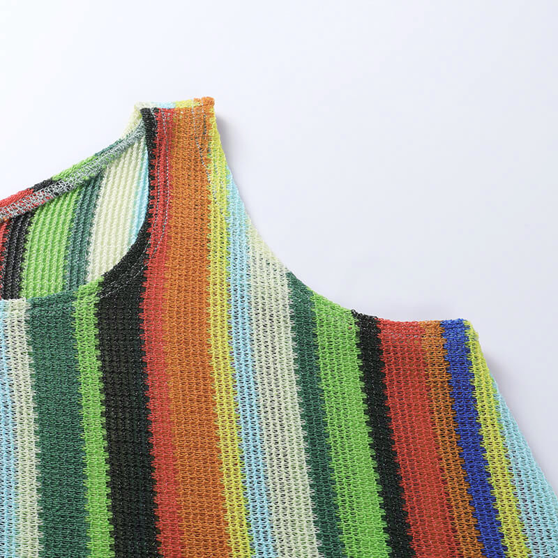 Slim Sleeveless Round Collar Color Stripe Dress Women