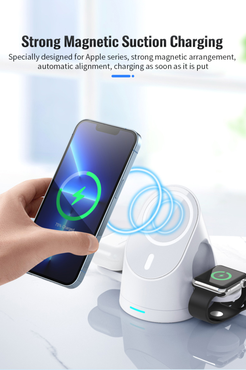 Intelligent 3 in 1 Fast Charging Station with Strong Magnetic Suction and Qi Function