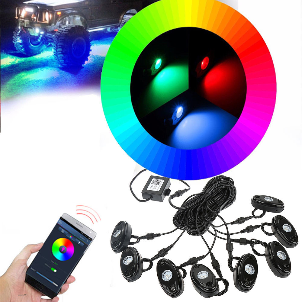 8Pcs RGB LED Rock Lights Wireless Bluetooth Music Flashing Multi Color Offroad