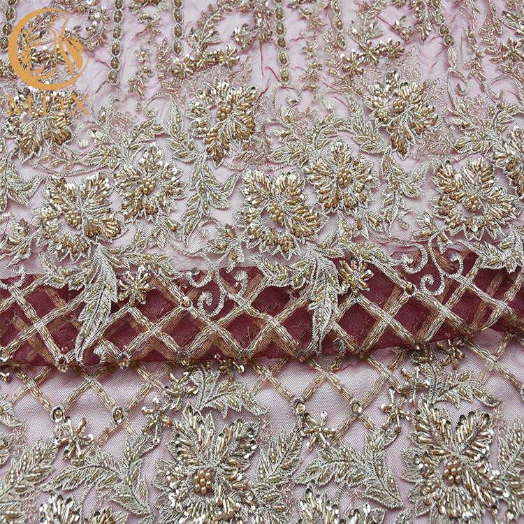 Nigerian Styles Gold Beaded Lace Fabric Handmade Tulle Embroidery 135cm Width