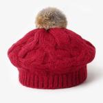 Winter Women Knit Beanie Hats 56cm Pom Pom Fur Beanie BIO Washed Cotton