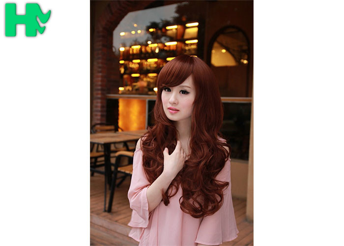 Red Body Wave Left Side Part None Lace Long Synthetic Wigs / Heat Resistant Fiber Hair