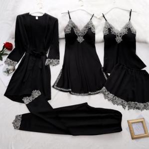Wholesale Five Piece Lace Sling Sexy Bodysuit Lingerie Suit Satin Long Sleeve Pyjamas Summer from china suppliers