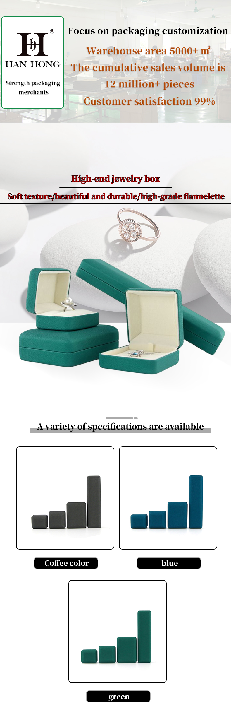 Customer's Logo Iron velvet Hanhong Blue Jewelry Box for Necklace Bracelet Packaging