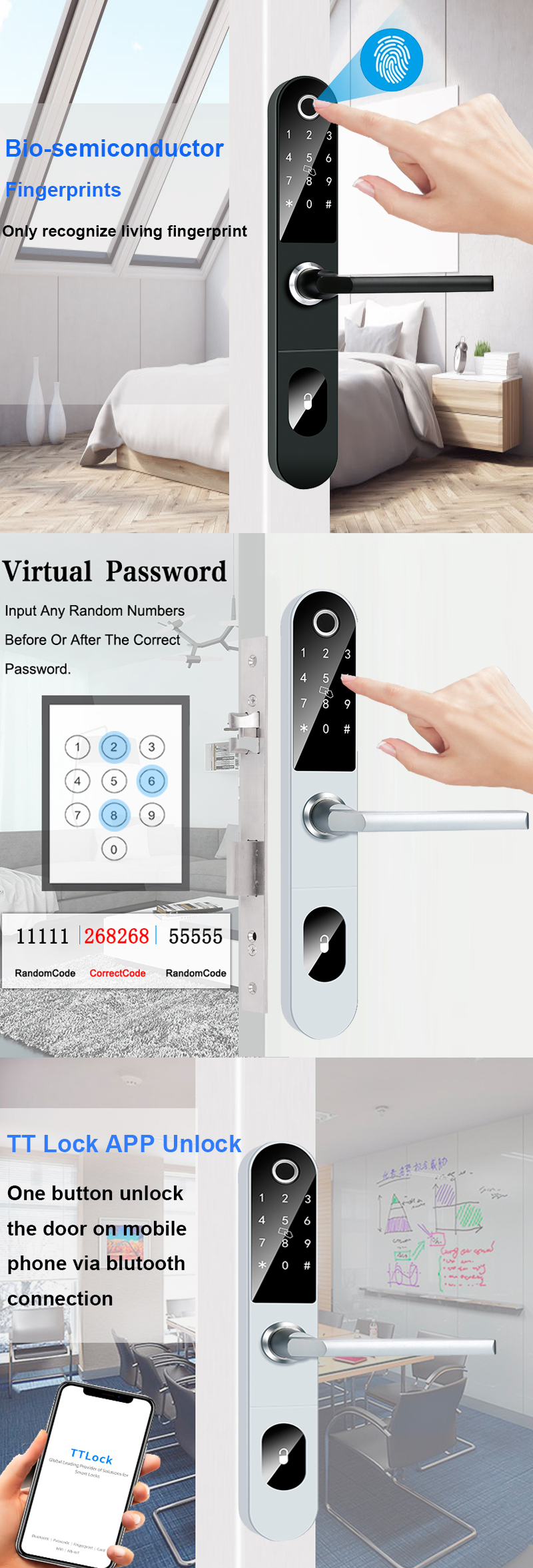 Slim European Standard Mortise Smart Fingerprint Door Lock With TT LOCK APP