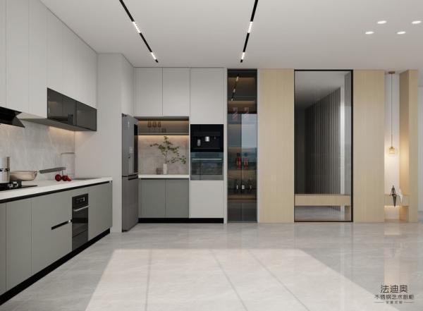 Quality L-Shaped Layout Modern Stainless Steel Kitchen Cabinets With Functional Quartz Island for sale