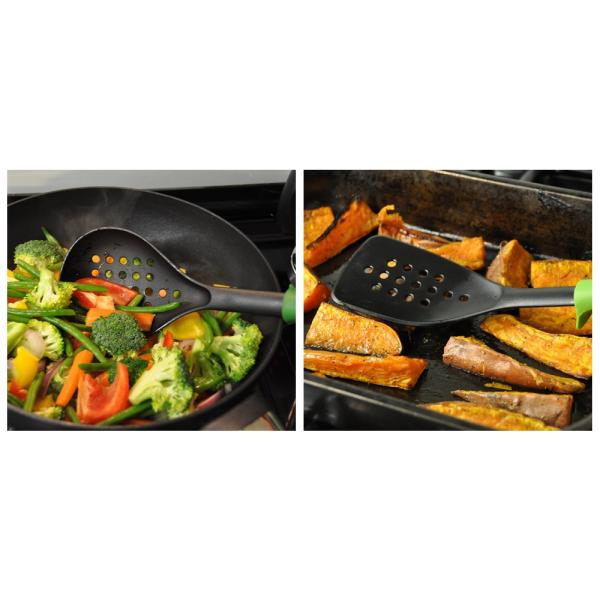 Eco-Friendly Solid Spoon Food Turner Spatula Slotted Spoon Whisk Acacia Silicon Cooking Utensil