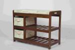 Walnut Classical Modern Wood Furniture Shoe Storage Bench Seat With 2 Fabric