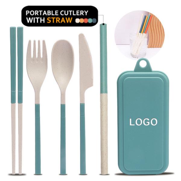 Portable 5-PC Green Wheat Straw Fibre Cutlery Set Versatile Biodegradable