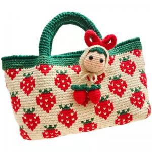 China White Woven Cotton Bag , Strawberry Womens Crochet Handbags 32cm×25cm on sale