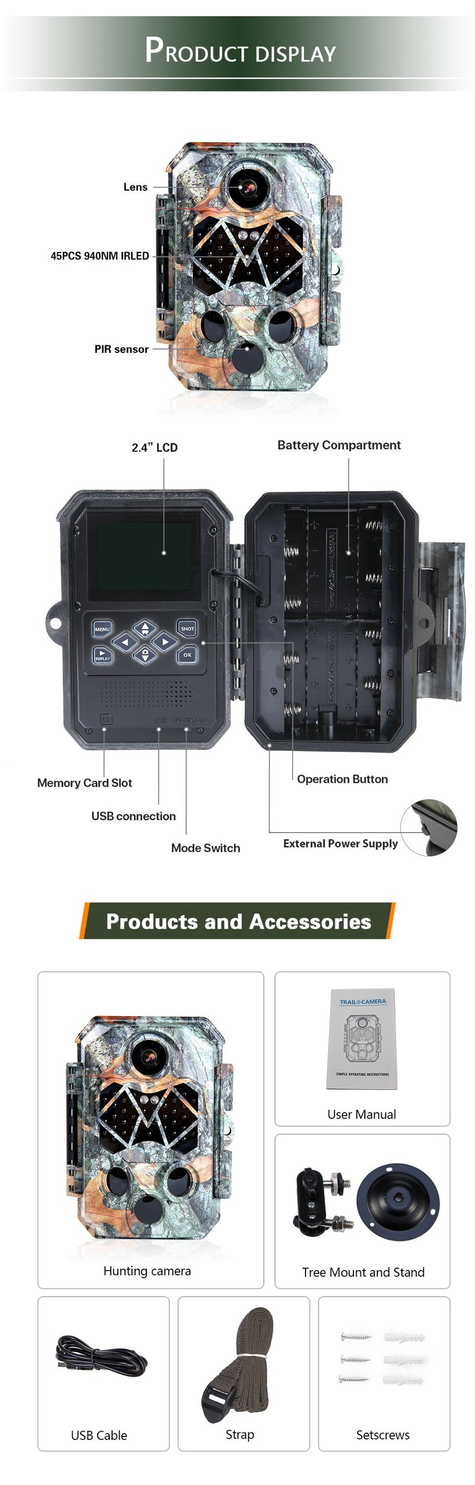 32MP Wildlife Camera Game Hunting Cam Outdoor 4k Trail Camera PIR Distance 20M Game Camera