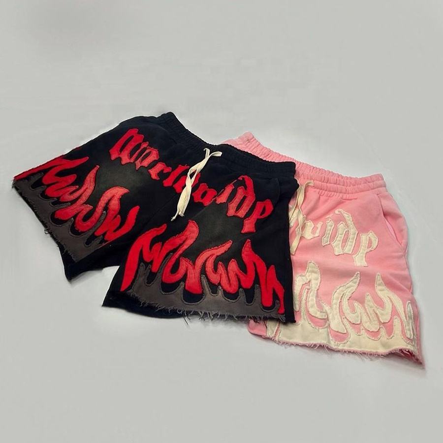 Acid Wash Cotton Shorts Sun Faded French Terry Patch Embroidery Distresses Vintage