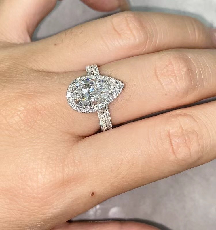 Double Bands Pear Diamond Ring Engagement Wedding Lab Grown Diamond Rings