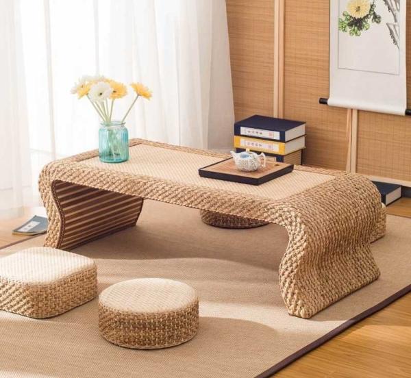 The Cane Makes Up Tea Table Natural Straw Woven Floor Table Natural fiber Window