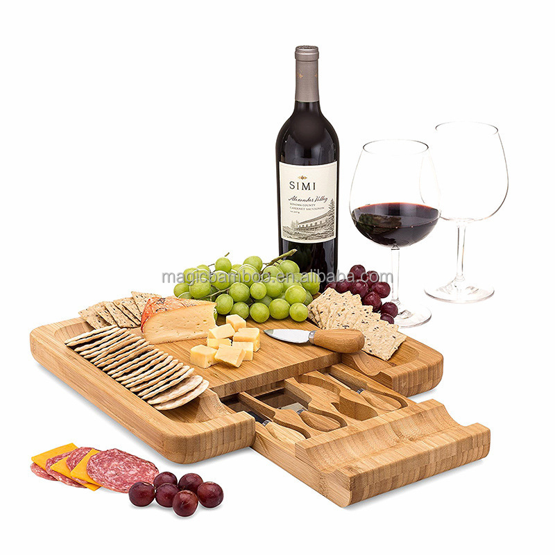 Custom Logo Rectangle Bamboo Meat Charcuterie Cheese Board with Knives Durable Knives