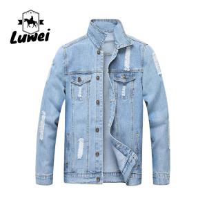 Wholesale Fashion Designer Casual Polyester Cotton Utility Lapel Button Slim Fit Mens Outdoor Streetwear Hole Denim Jacket from china suppliers