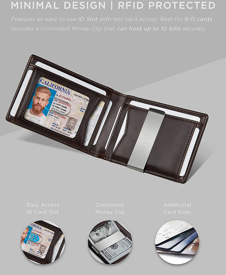 Solid Pattern Custom Bifold Slim Carbon Fiber Genuine Leather Money Clip Wallet for Men
