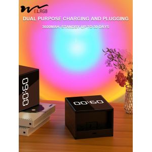 Rechargeable Net Red Bed Wall Lamp with Clock and Sunset Projection No Wiring