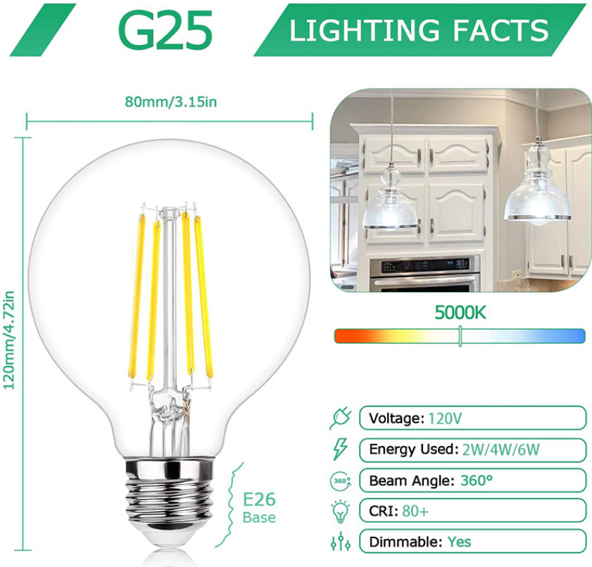 8W E27 Extra Large Globe Bulb Dimmable Vintage Looking Light G80 LED Filament Bulb