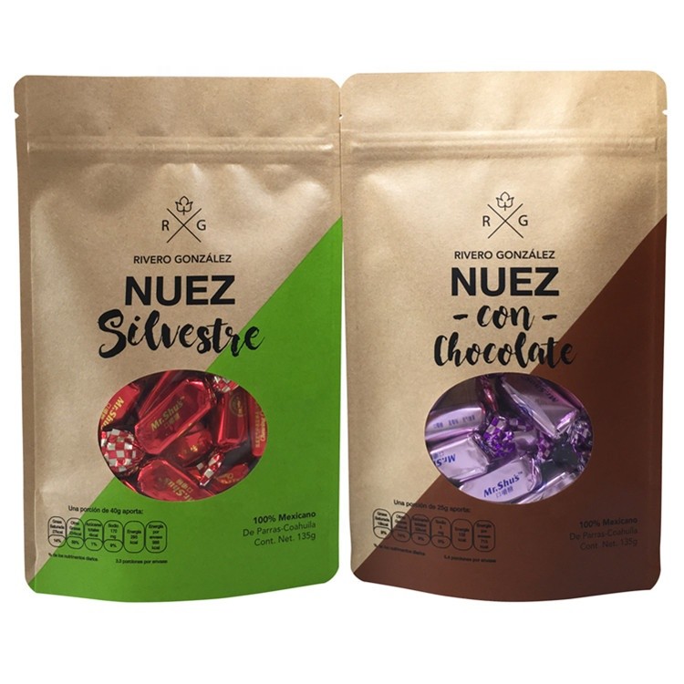 Top quality stand up kraft paper bag with clear window and zipper nuts packaging