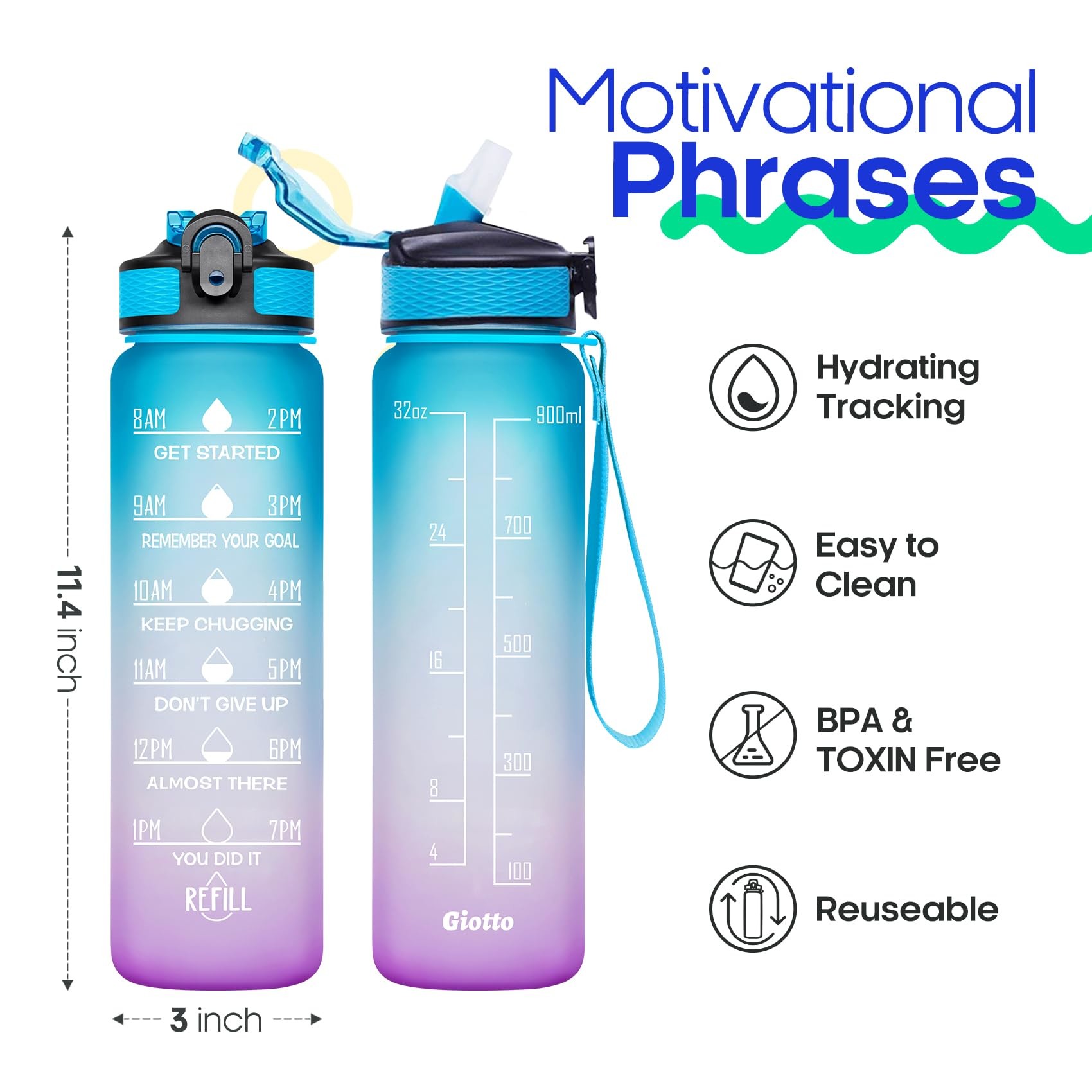 Customized 32oz Large Leakproof BPA Free Drinking Bottle Motivational Time Marker Water Bottle With Straw To For Fitness And Outdoor Enthusiasts