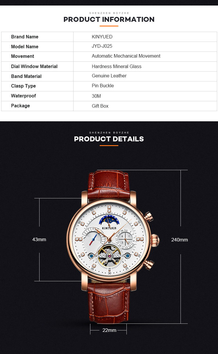 Automatic Mechanical Watch Leather Moon Phase With Diamond Crystal Mechanical Watch For Men
