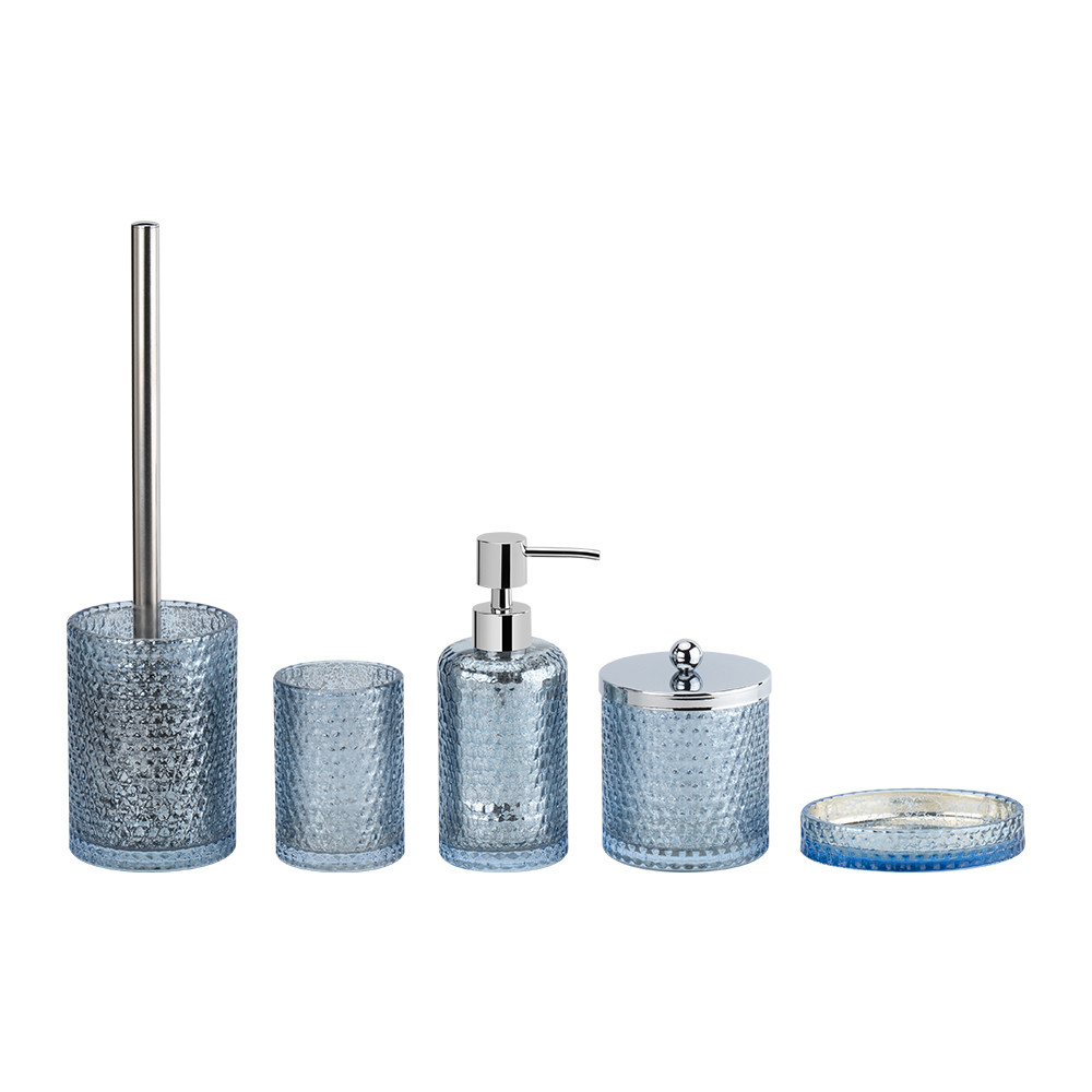 5pcs Glass Bathroom Accessories Set Mercury Blue With Honeycomb Toilet Brush Holder