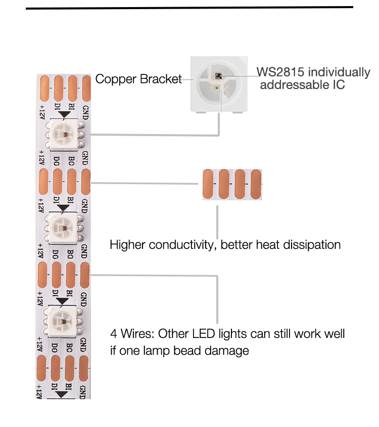 DC12V WS2815 RGBIC LED Pixel Strip Light Individually Addressable For Residential