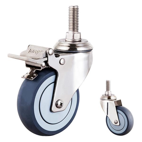 100mm Silent TPR Stainless Steel Casters M12 Threaded Stem Double Lock Medical