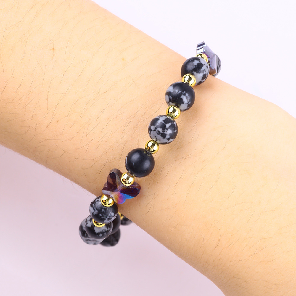 8MM Healing Natural Stone Snowflake Obsidian With Purple Butterfly Charm Bead Bracelet