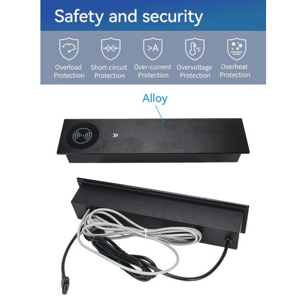 Aluminum Sliding Socket Desk Outlet with 15W Qi Wireless Charging 3 Type G UK Power Outlets and 20W USB Charging Ports
