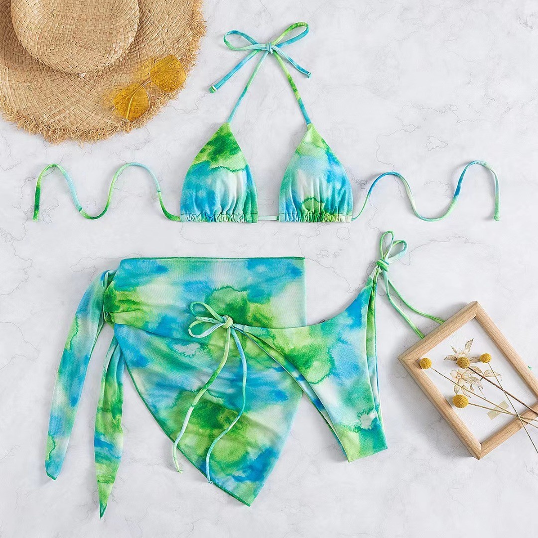 Slim Bikini Three Piece Swimwear Tether Pleated Skirt Three Piece Bathing Suit