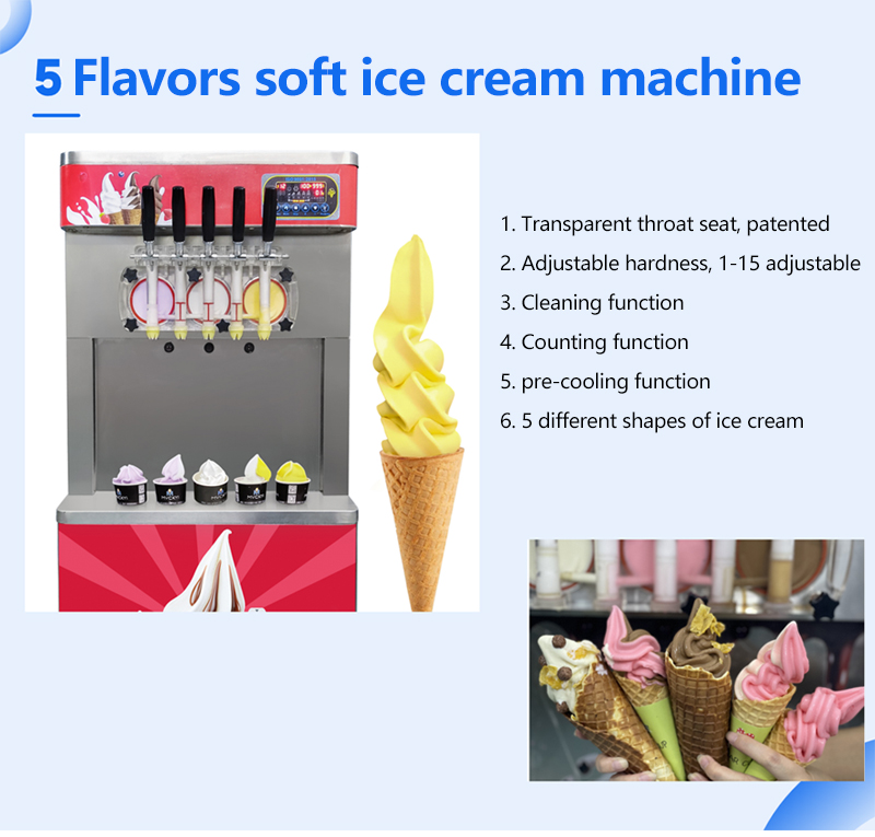 5 Flavors Automatic Soft Serve Yogurt Commercial Ice Cream Maker Ideal for Commercial Product Size 635x630x745 mm