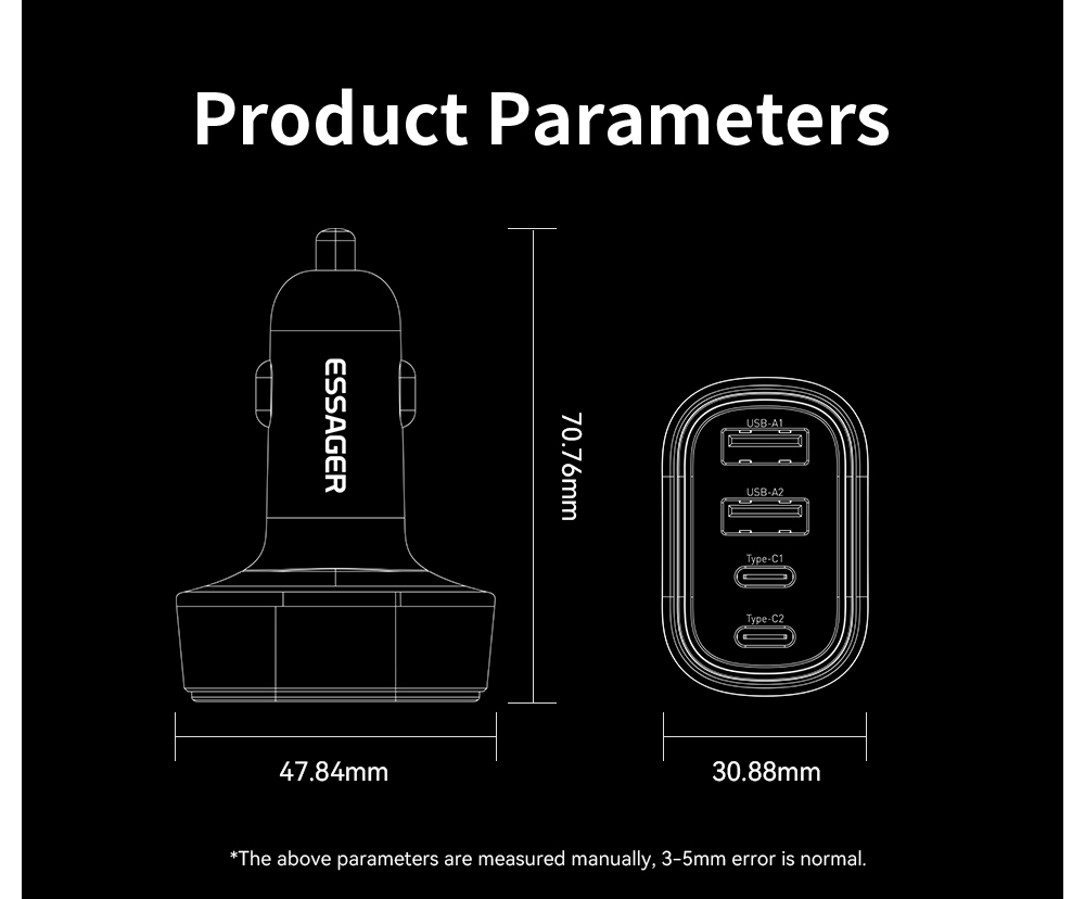 ESSAGER F738 Series Quick Car Phone Charger 70W with 4 Ports 2 USB A 2 USB C