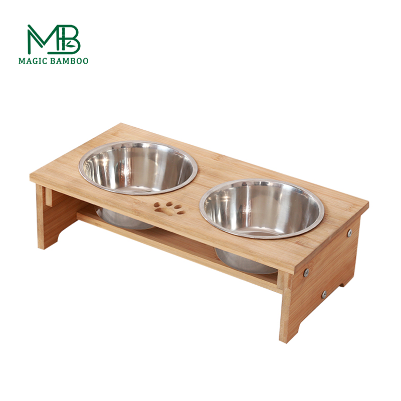 Rectangle Elevated Bamboo Dog Feeder Cat Food Bowls For Small Animals