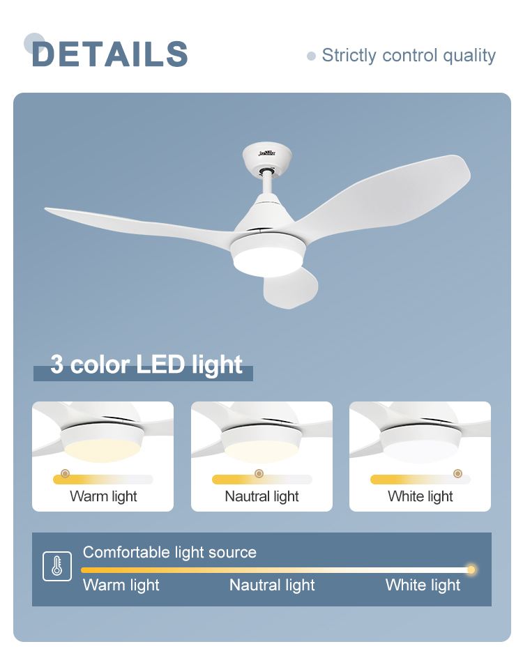 3 Color LED Light Source Ceiling Fan with Energy Saving DC Motor and White Blades