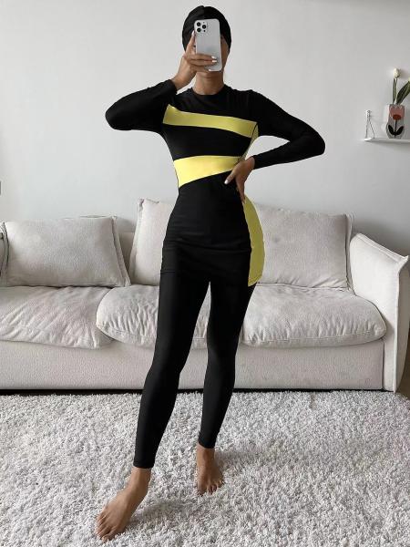 Yellow Stitching Muslim Swimsuit For Ladies Conservative Modest Islamic Swimwear