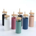 Spill Proof 500ml Colorful Outdoor Travel Glass Water Bottle With Straw Bamboo