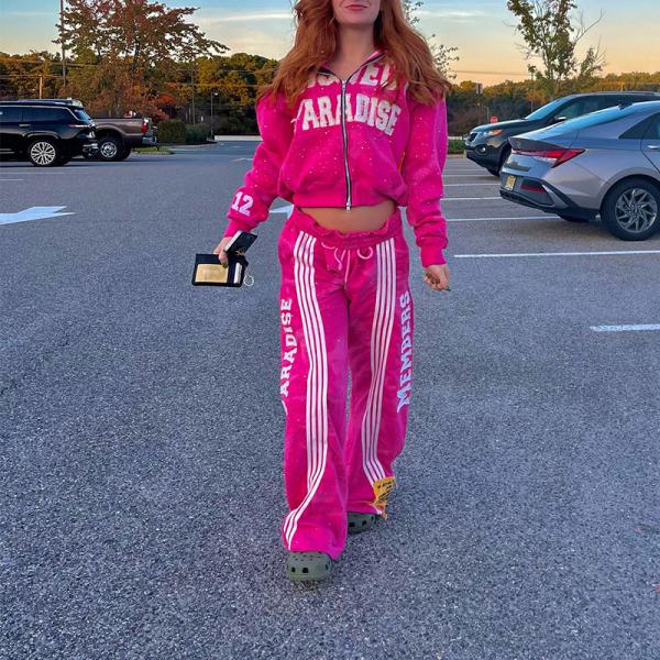Custom Manufacturer Sweatsuit Acid Wash Distressed Zip up Rhinestone Cropped