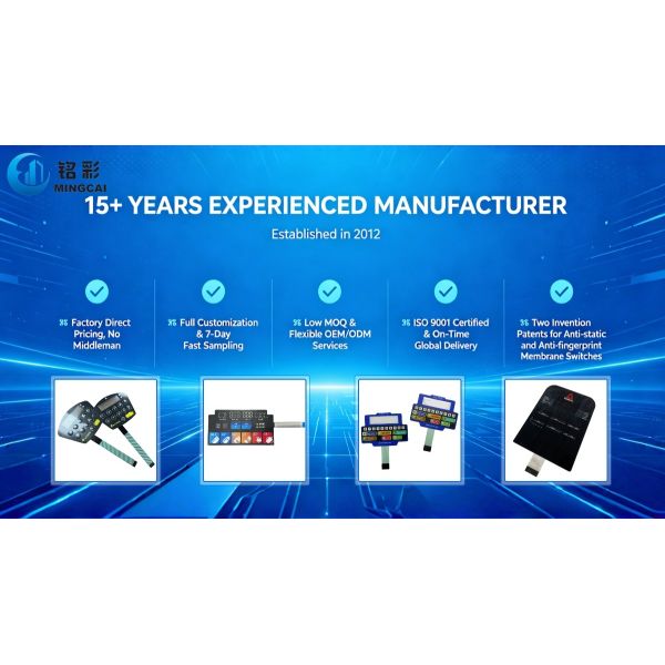 Mingcai 15+ years membrane switch manufacturer banner highlighting factory advantages and custom solutions