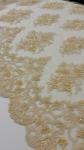 French Stretch Beige Pearl Beaded Wedding Lace Fabric With Scalloped Edge